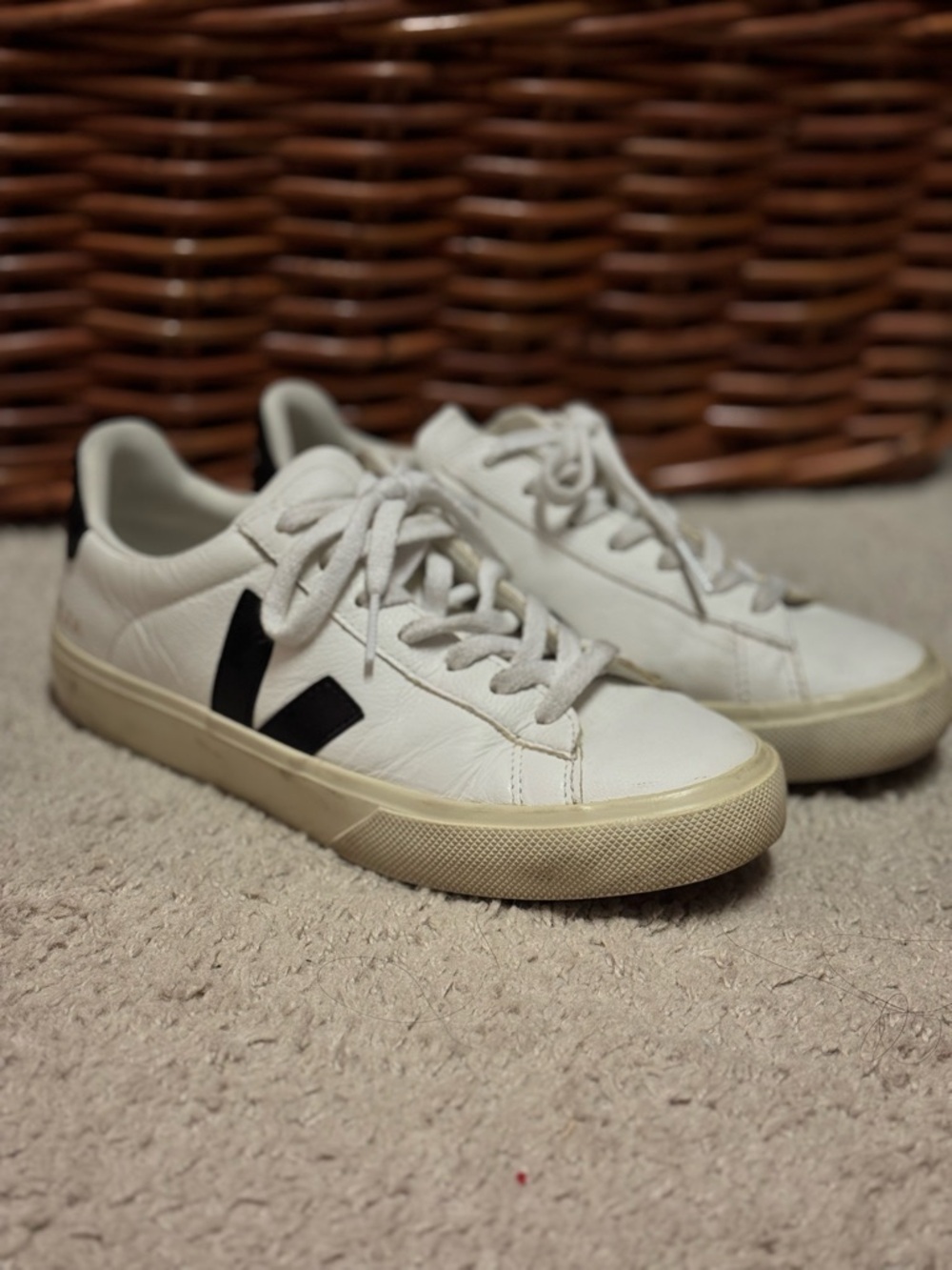 Veja Campo Leather Sneaker in White with Black V - Picture 5 of 10